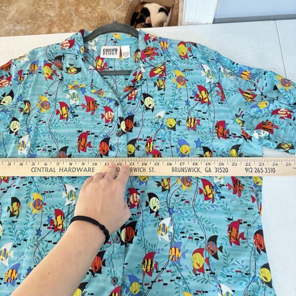 Vintage Chico's 100% Silk Tropical Button Up Shirt Large Blue Fish Hawaiian Fun - Picture 7 of 9